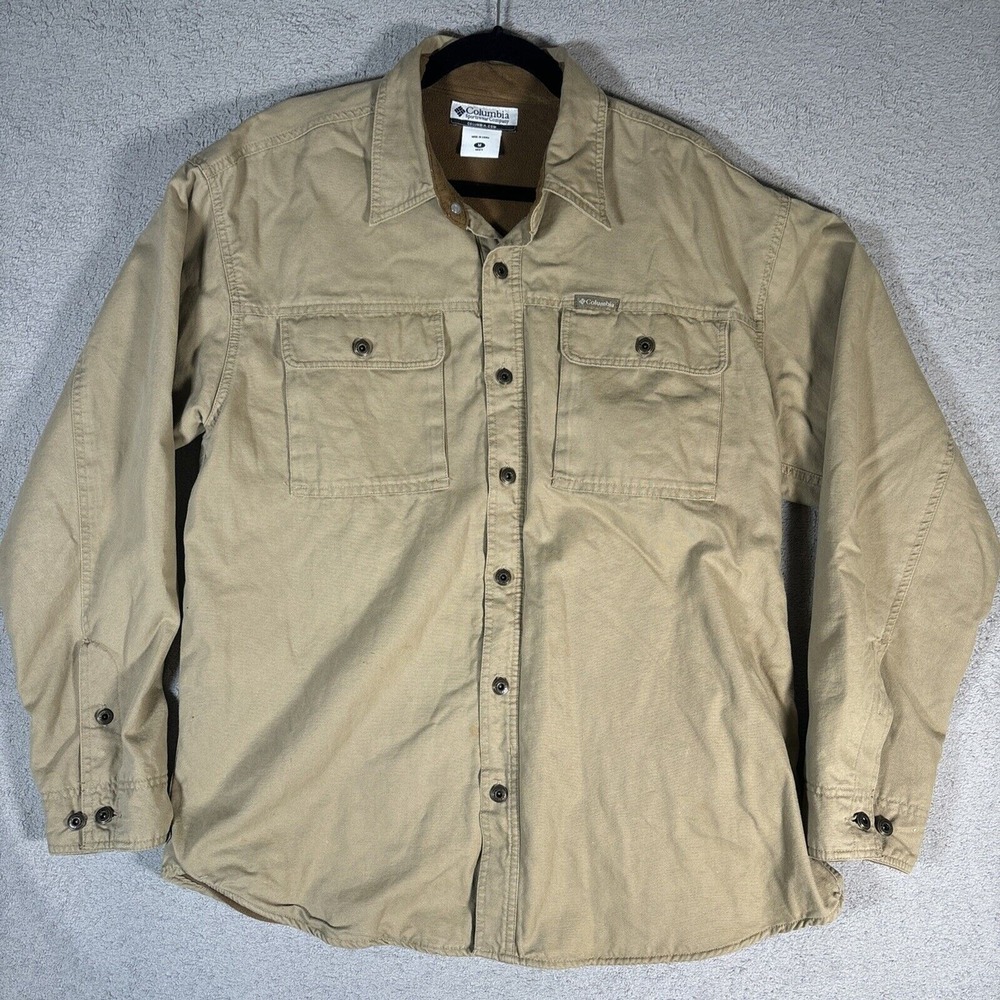 Columbia Mens Fleece Lined Cotton Canvas Workwear Shirt Tan Khaki Size Medium